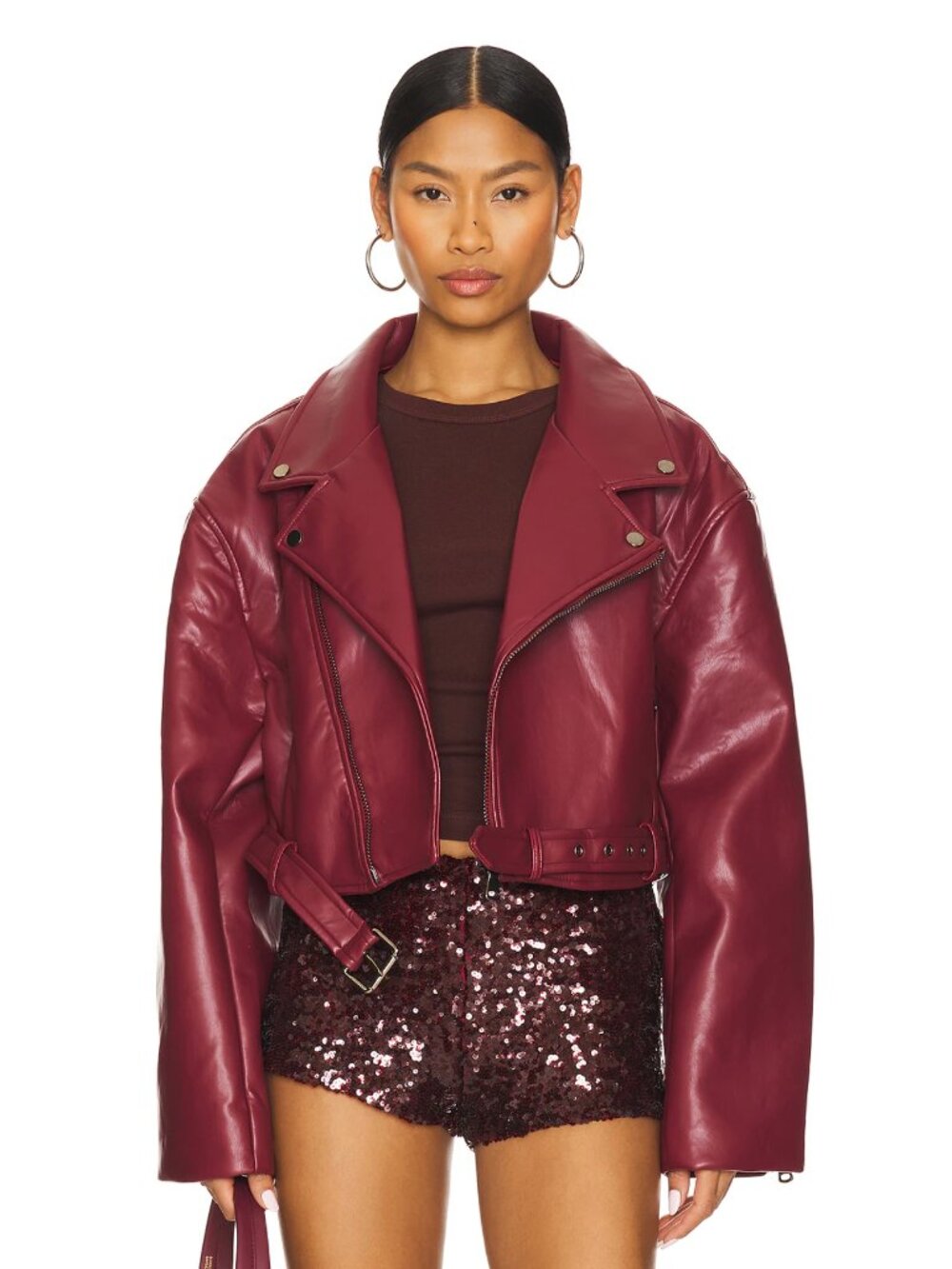 NEW LIONESS Staten Island Jacket in Mulberry Red Vegan Leather Moto Crop Bomber